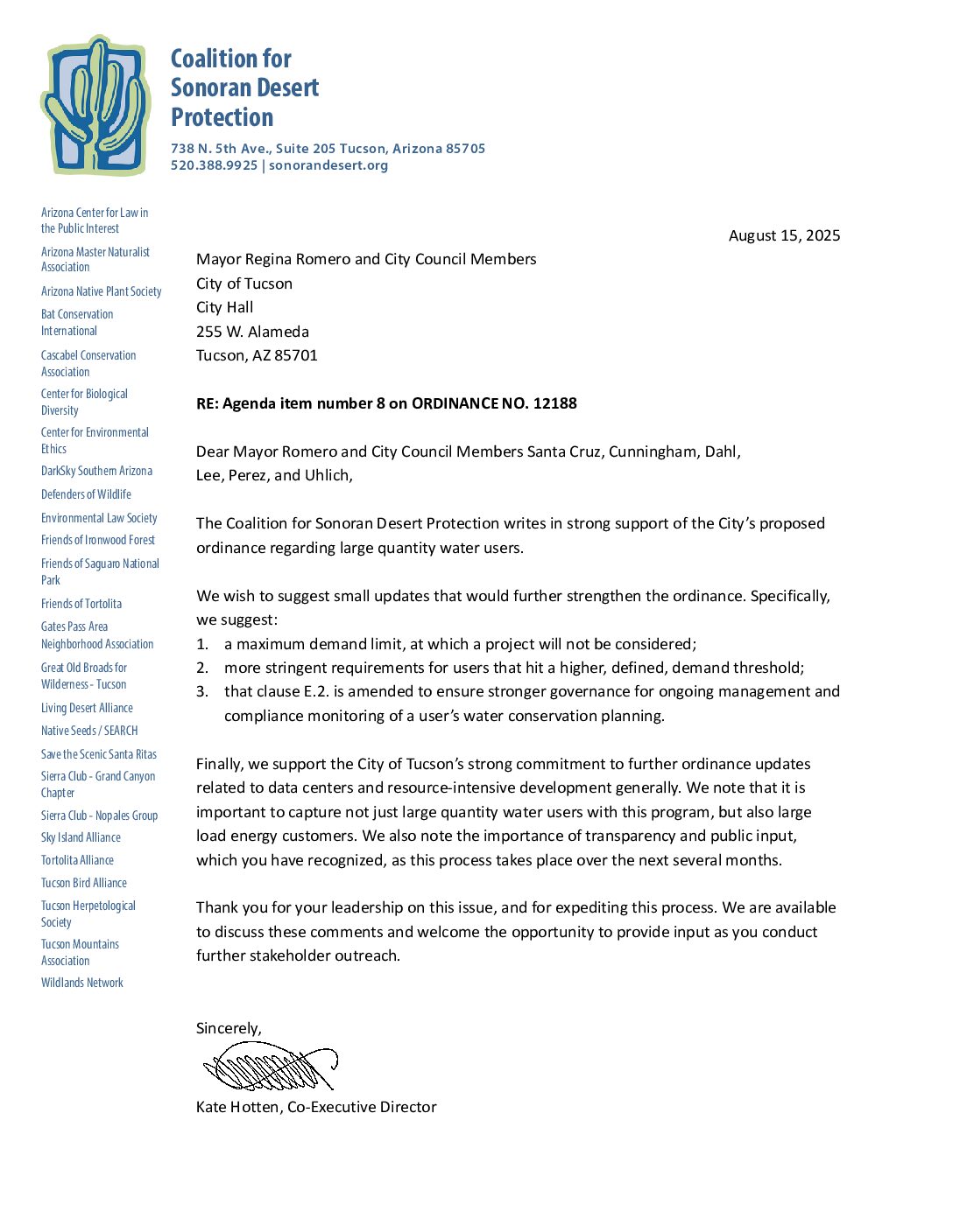 2025 08 15 City of Tucson re Large Water Ordinance