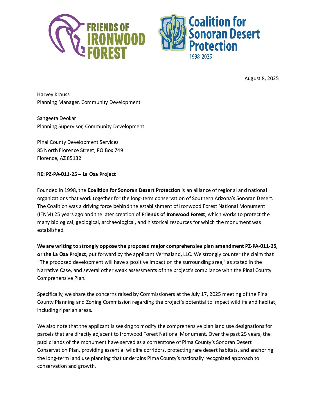 2025 08 CSDP Letter re La Osa Comp Plan